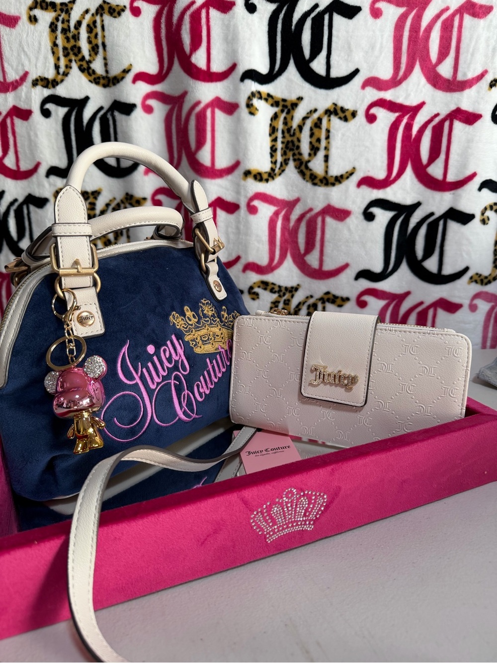 Juicy Couture Navy Velvet Satchel with Cream Wallet and Pink Charm